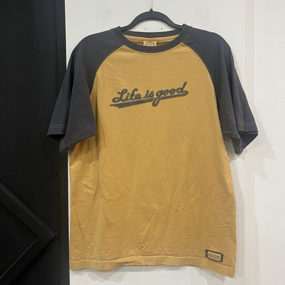 Life Is Good Logo Embroidered Raglan Tee Shirt Size Large Blue Yellow Cotton